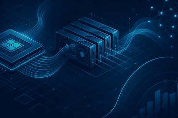 Abstract illustration of GPU data flow and infrastructure optimization with geometric chip patterns