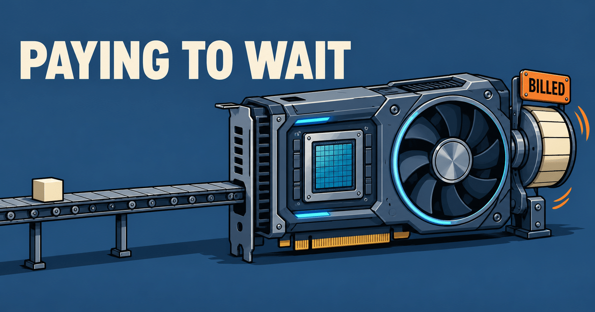 Cartoon of an oversized GPU processing machine waiting for a single data block from a narrow feed while its billing meter keeps turning.