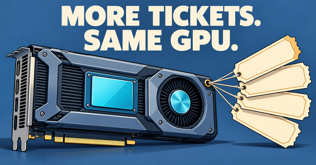 Cartoon of one physical GPU wearing several allocation tickets while its physical size remains unchanged.