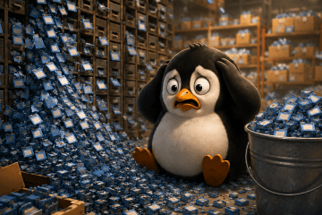 A penguin overwhelmed by an avalanche of tiny blue small files spilling out of index drawers and overflowing a bucket, illustrating MinIO under a lots-of-small-files workload