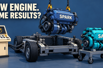 Cartoon Spark engine lifted from a chassis beside a Sail engine, asking whether the results stay the same.