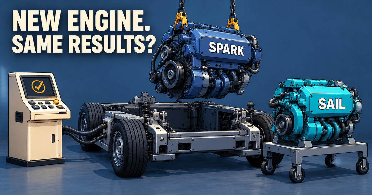 Cartoon Spark engine lifted from a chassis beside a Sail engine, asking whether the results stay the same.