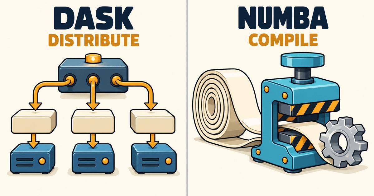Two cartoon panels distinguish Dask distributing work from Numba compiling a numerical function.
