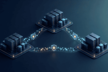 Abstract network of three connected data-center clusters representing a Ceph multi-site S3 upgrade