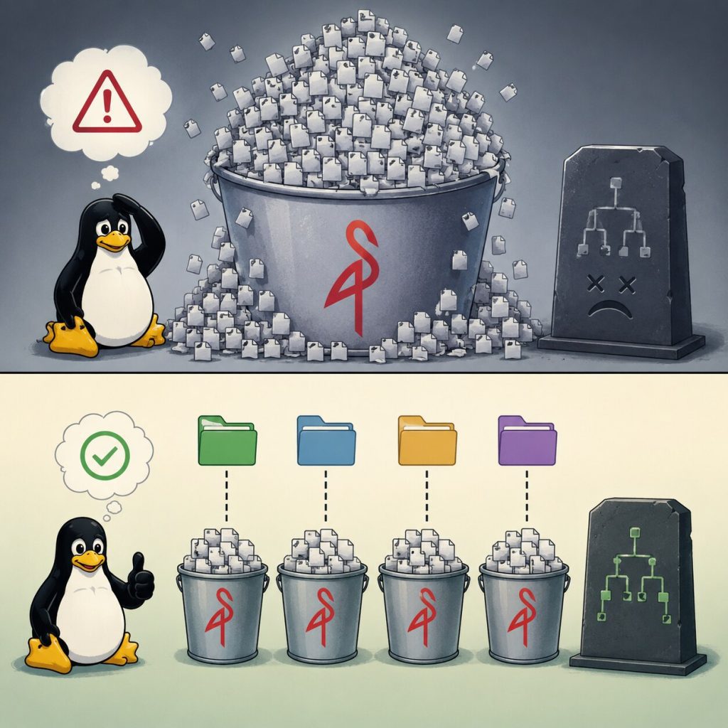 Two panels comparing MinIO object layouts. Top: one bucket overflowing with small files, a worried Tux, and a dead directory tree on a tombstone. Bottom: the same objects spread across four prefix-partitioned buckets under separate folders, with a healthy green directory tree.