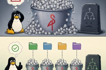 Two panels. Top: a single MinIO bucket overflowing with small files, a worried Tux, and a dead directory tree on a tombstone. Bottom: the same objects split across four prefix-partitioned buckets under separate folders, with a healthy green directory tree.