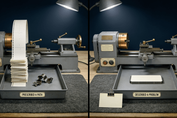 Two identical machines fed by opposite inputs: the one prescribed a dense instruction stack mangles its part, the one given a single described problem produces a clean part