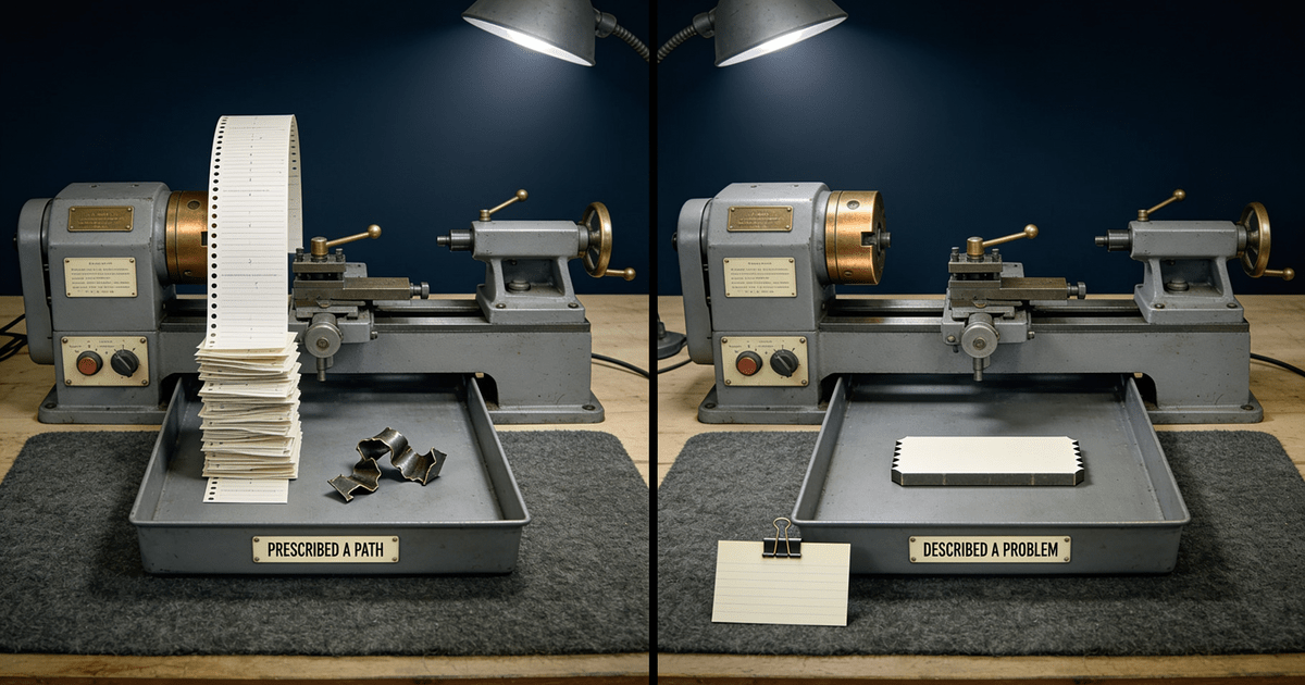 Two identical machines fed by opposite inputs: the one prescribed a dense instruction stack mangles its part, the one given a single described problem produces a clean part