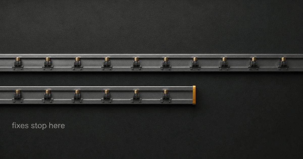 Two industrial conveyor lanes in dark graphite, the upper lane continuous and the lower lane cut short with a small amber end cap