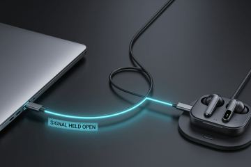 A dark laptop with a glowing cyan signal line running to a wireless headset on its charging pad, labeled SIGNAL HELD OPEN