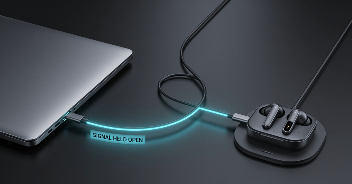 A dark laptop with a glowing cyan signal line running to a wireless headset on its charging pad, labeled SIGNAL HELD OPEN