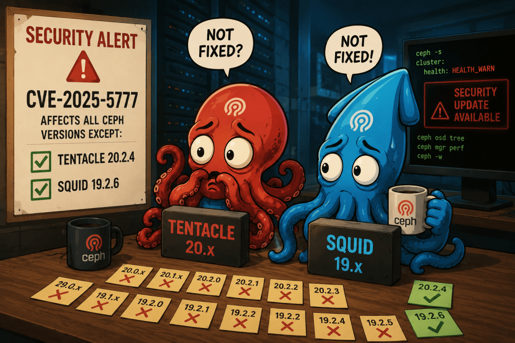 Ceph security update illustration showing Tentacle 20.2.4 and Squid 19.2.6 releases