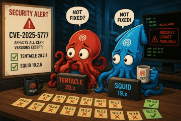 Ceph security update illustration showing Tentacle 20.2.4 and Squid 19.2.6 releases