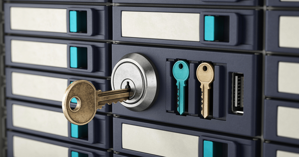 Ceph storage rack with legacy and replacement authentication keys beside a central lock cylinder