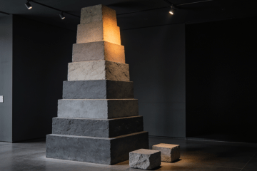 A stacked stone ziggurat with two loose blocks waiting beside it
