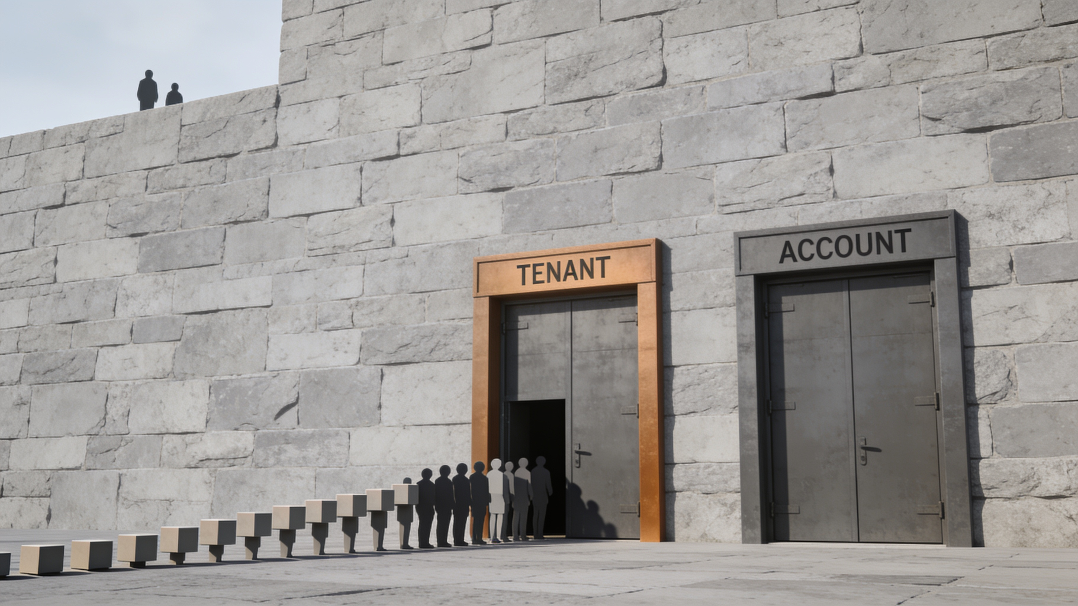 A queue of abstract shapes waits at a door labeled tenant while the door labeled account stands unused