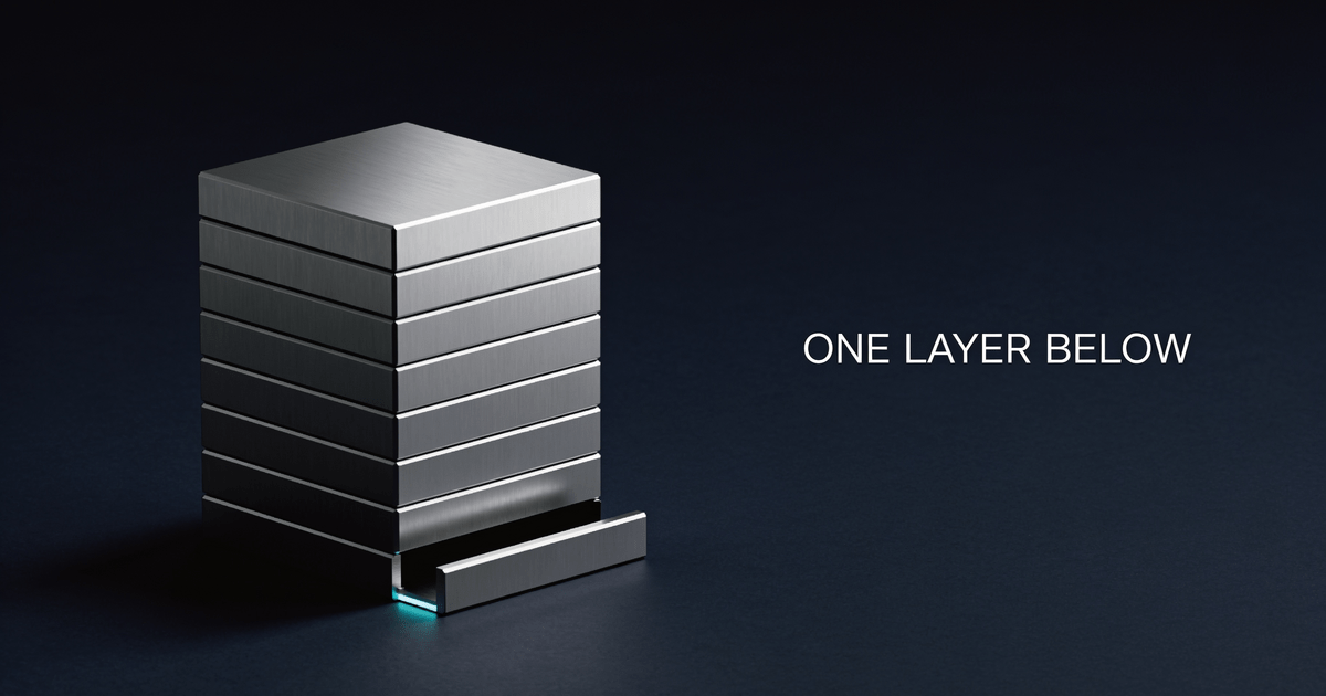 A stack of eight flush aligned matte metal plates resting on a ninth plate pushed out of alignment, a single cyan seam of light marking that one joint, captioned ONE LAYER BELOW