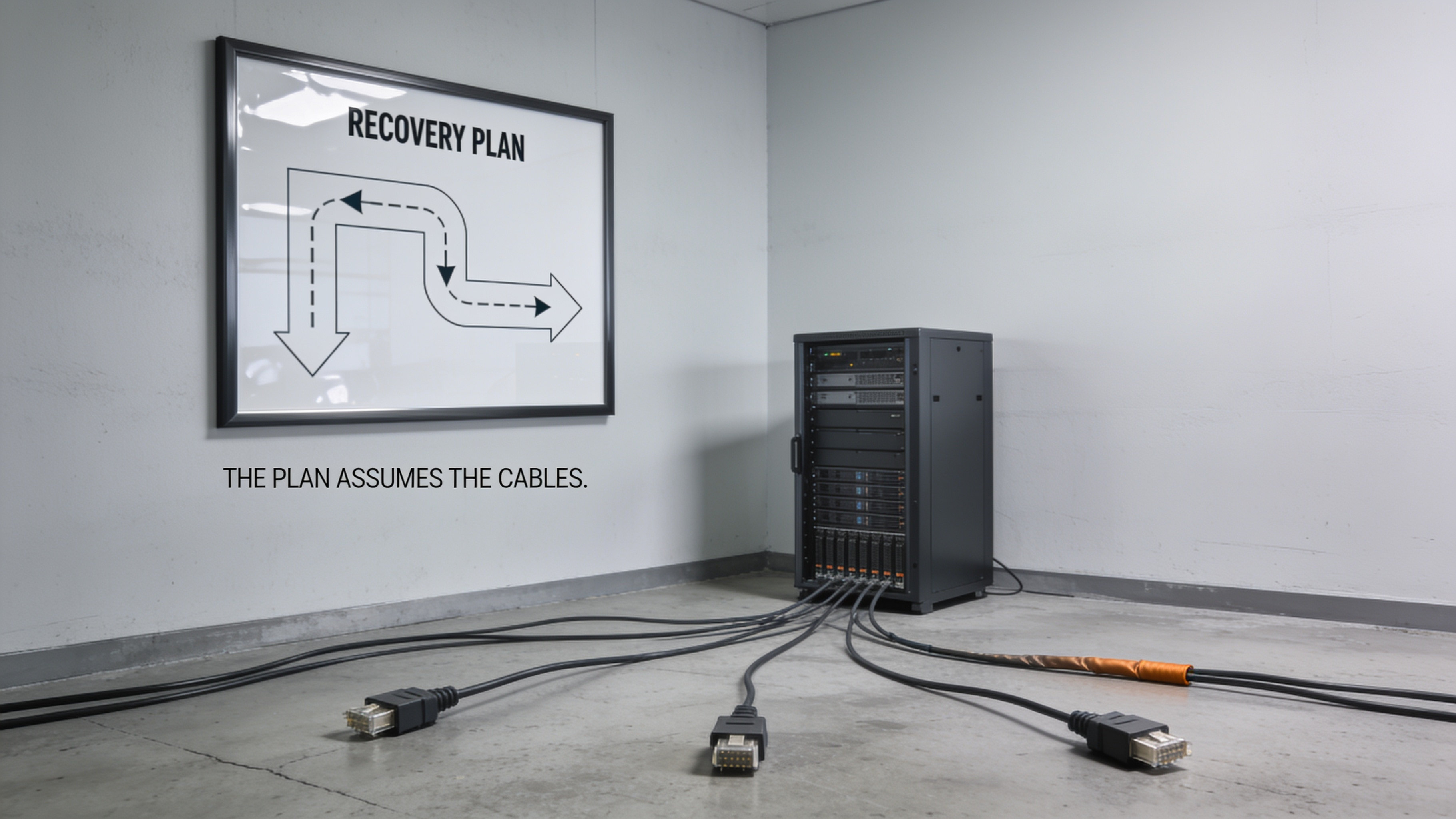A framed recovery-plan diagram on the wall above a rack whose cables lie unplugged on the floor