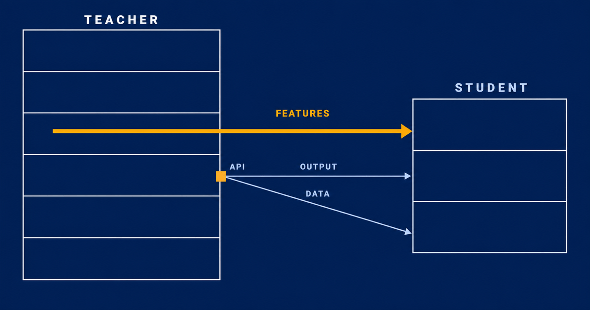 Schematic: a thick amber arrow labelled FEATURES starts inside the teacher model and pierces its wall toward the student, while thin arrows labelled OUTPUT and DATA both leave from a small square labelled API on the outside of the teacher