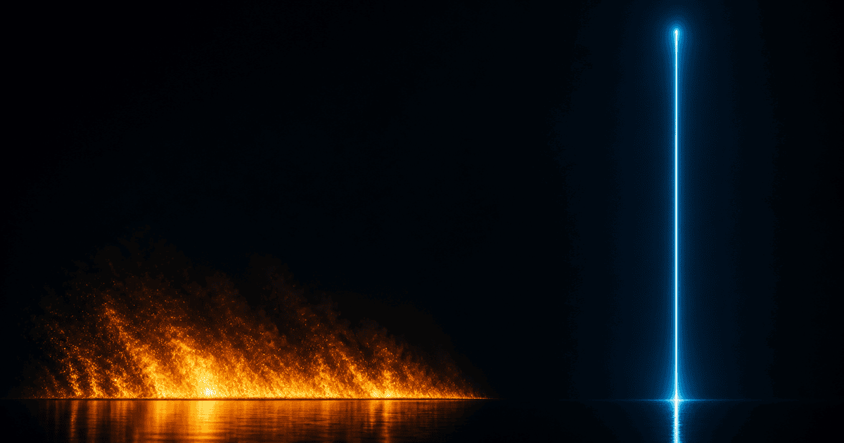 A wide sprawling fire burning low on the left and a thin calm vertical beam on the right rising far higher