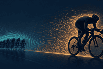 A lone cyclist ahead in turbulent airflow while a tight bunch of riders follows in smooth sheltered air