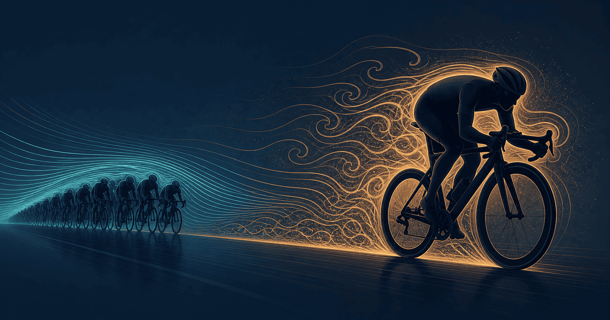 A lone cyclist ahead in turbulent airflow while a tight bunch of riders follows in smooth sheltered air
