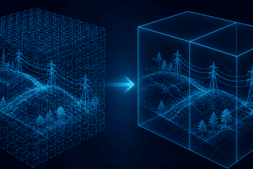 Wireframe illustration of a LiDAR point cloud scan of powerlines and terrain, split into a dense grid of many small tile blocks on the left and a few larger tile blocks on the right, same data