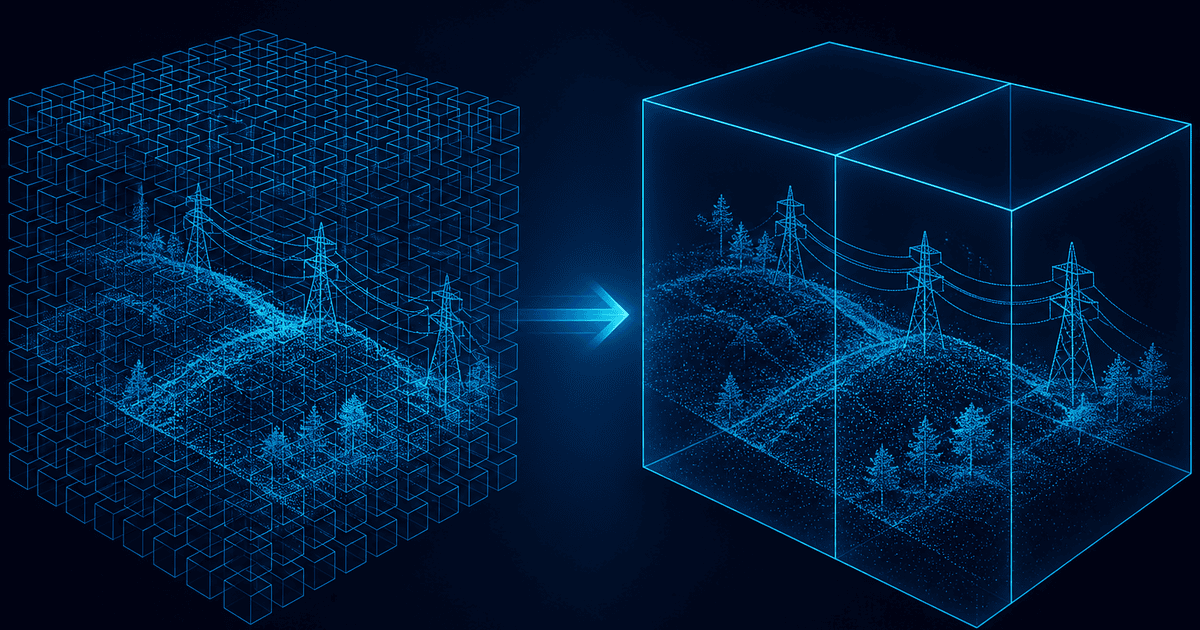 Wireframe illustration of a LiDAR point cloud scan of powerlines and terrain, split into a dense grid of many small tile blocks on the left and a few larger tile blocks on the right, same data