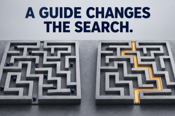 Two maze plates contrast unguided exploration with a supplied route, without a measured speedup