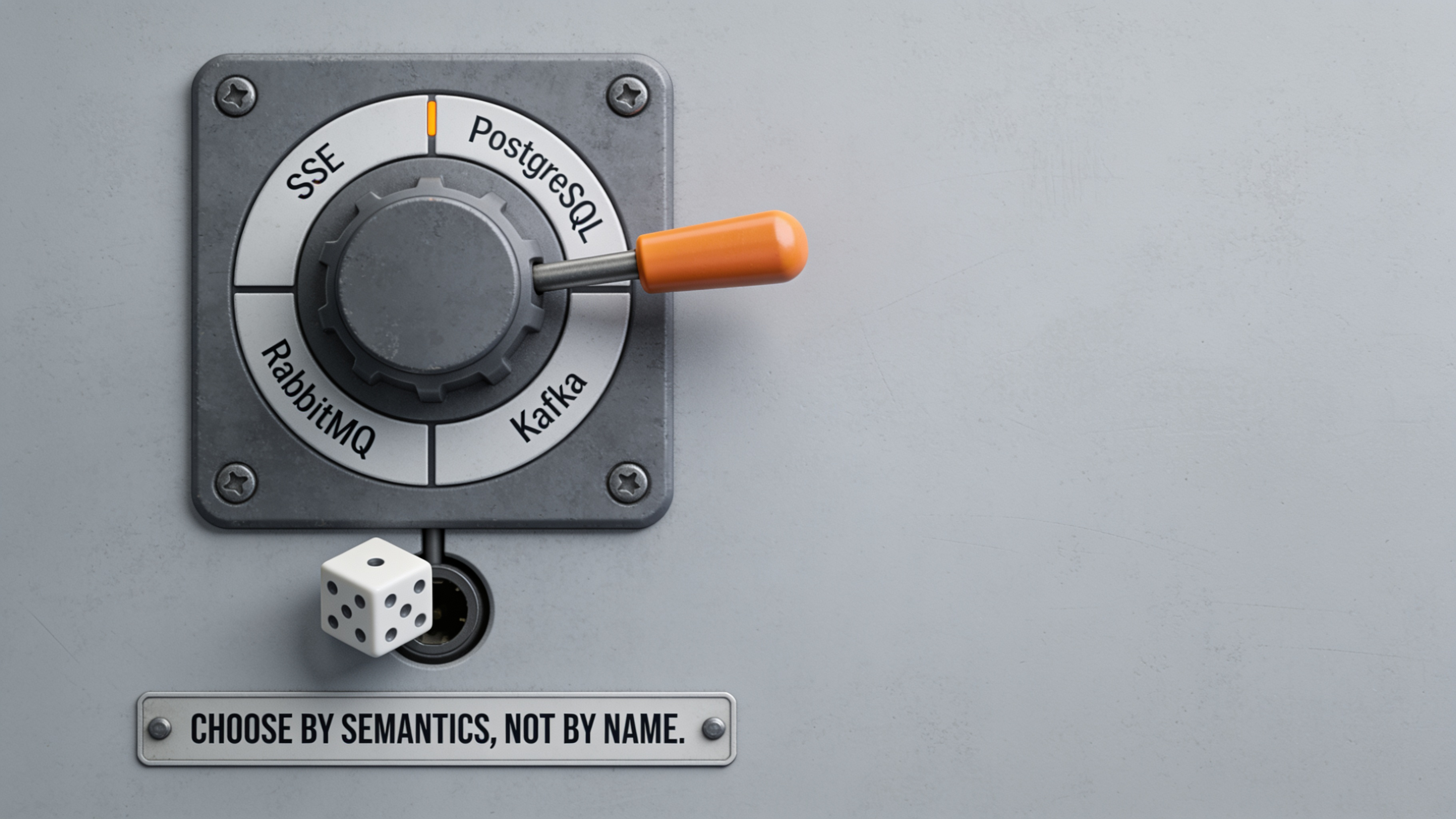 An industrial selector switch with four mechanism positions points to the heaviest option while a single event cube waits at the input