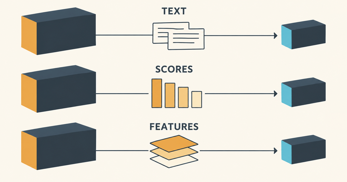 Three training routes distinguish generated text, output scores and internal features.