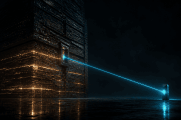 A vast monolithic structure of glowing strata sending a single beam of light across darkness into a small object that glows from within
