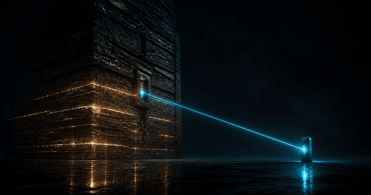 A vast monolithic structure of glowing strata sending a single beam of light across darkness into a small object that glows from within