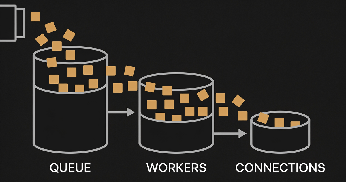 Requests distributed across a queue, workers and connections