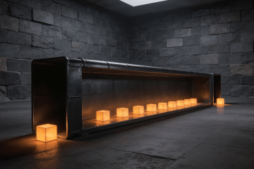 An open duct in a stone chamber holding a single file of evenly spaced glowing cubes, one entering and one leaving