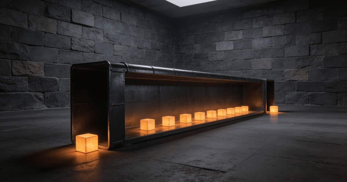 An open duct in a stone chamber holding a single file of evenly spaced glowing cubes, one entering and one leaving