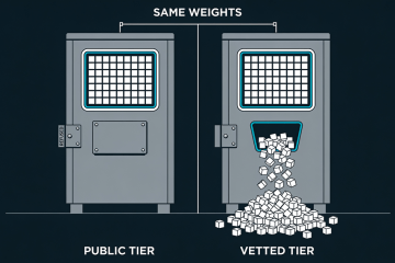 Two identical machine units labeled PUBLIC TIER and VETTED TIER under a bracket reading SAME WEIGHTS, the left one with its output slot bolted shut and marked REFUSED over a bare floor, the right one with the same slot open and output pouring into a heap
