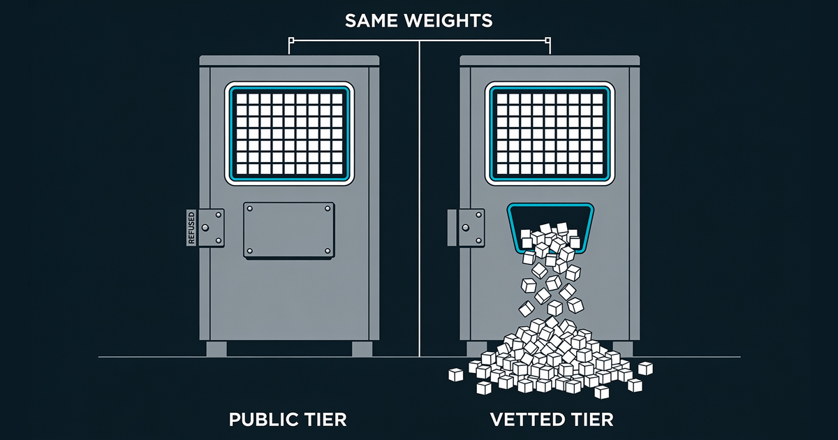 Two identical machine units labeled PUBLIC TIER and VETTED TIER under a bracket reading SAME WEIGHTS, the left one with its output slot bolted shut and marked REFUSED over a bare floor, the right one with the same slot open and output pouring into a heap