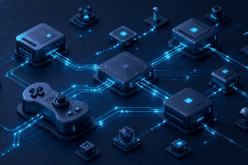 Isometric illustration of a distributed edge computing network of glowing server and sensor nodes, with one node shaped like a retro video game controller, on a dark navy and cyan background