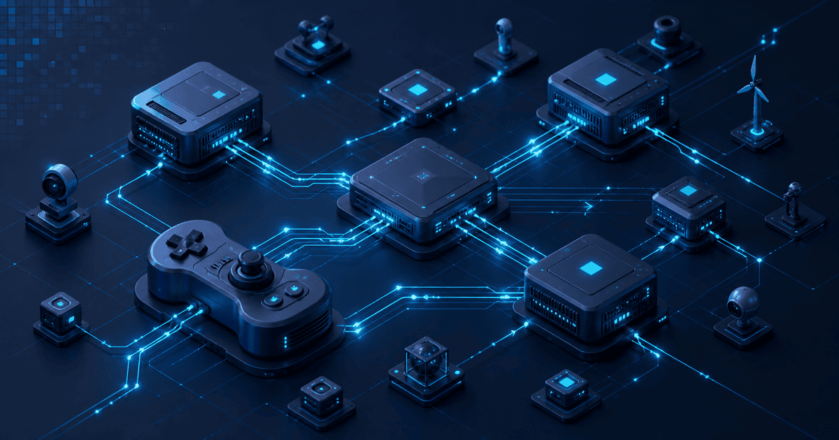 Isometric illustration of a distributed edge computing network of server and sensor nodes with one node shaped like a retro video game controller, on a dark navy background