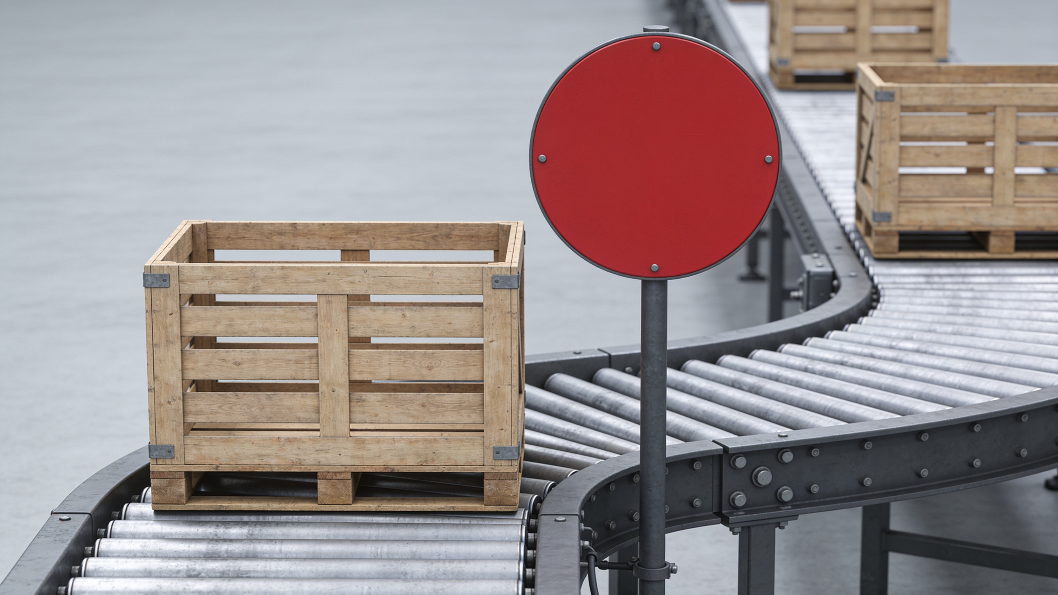 A crate sits stopped on a conveyor belt behind a blank red barrier disc while the lane behind keeps running