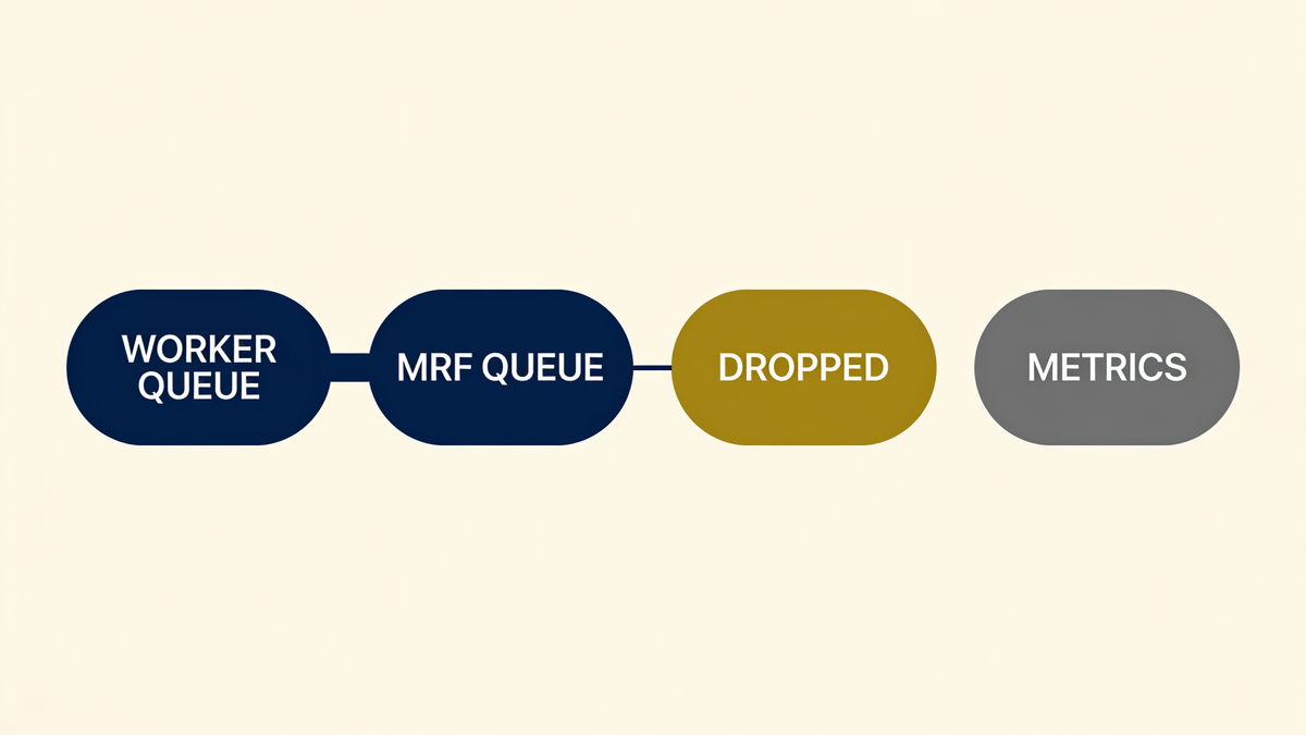 Schematic showing worker queue feeding the MRF queue feeding dropped, with no connection from dropped to metrics
