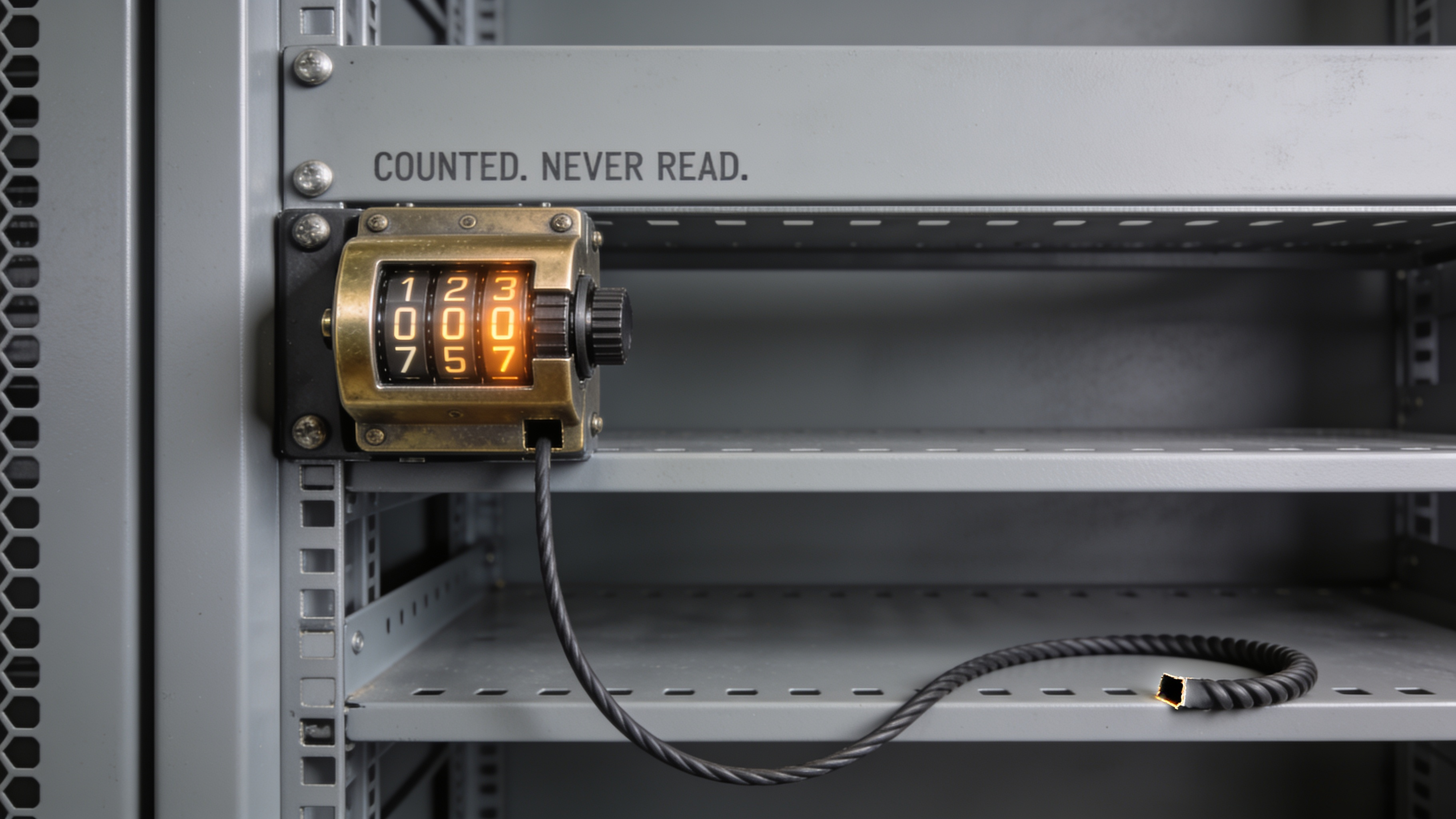 A brass tally counter bolted to a rack rail shows a large count while its output cable is cut and connects to nothing