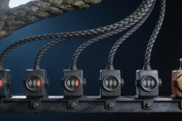 A row of mechanical counters wired into a cable trunk, with one brass counter whose output cable is cut and connects to nothing
