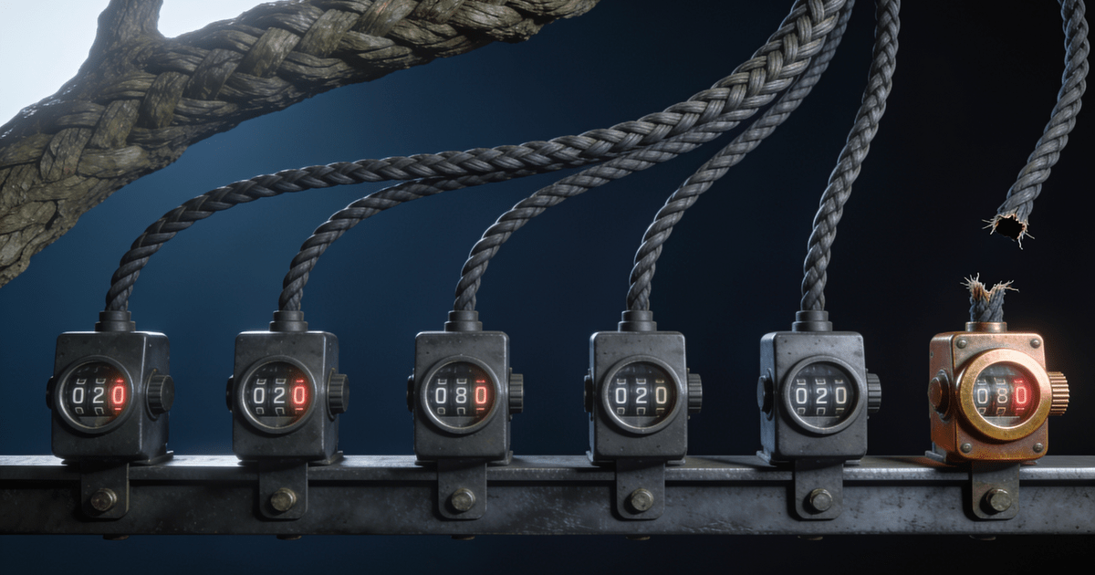A row of mechanical counters wired into a cable trunk, with one brass counter whose output cable is cut and connects to nothing