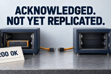 An acknowledged object remains at the source while a disconnected peer has no copy