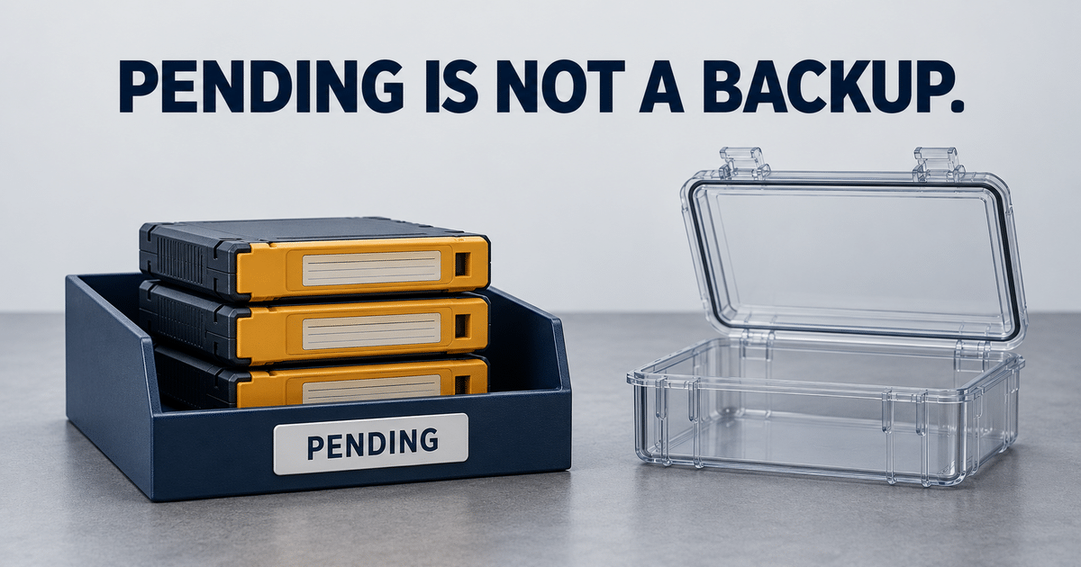 A pending-work tray is distinguished from an independent backup copy
