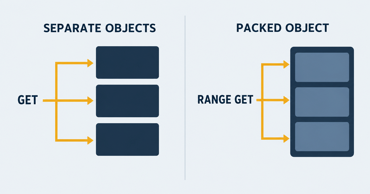 Three separate objects accessed by GETs versus three chunks accessed by separate range GETs in one packed object
