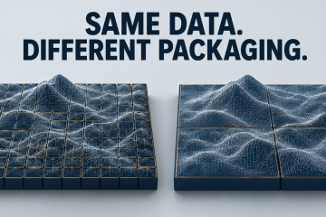 The same abstract point-cloud terrain packaged as many small tiles or a few larger containers