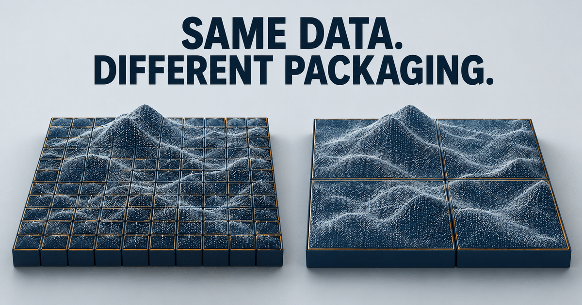 The same abstract point-cloud terrain packaged as many small tiles or a few larger containers